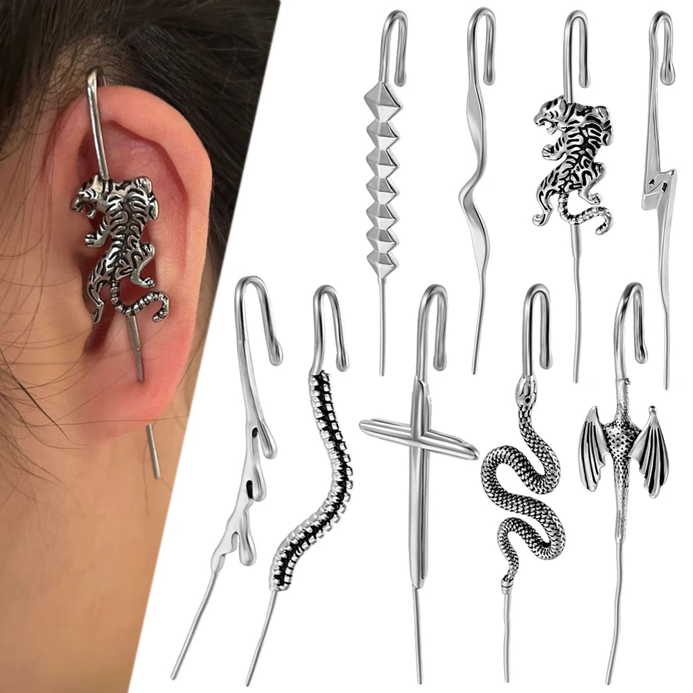 1PC Acier Chirurgical Croix Serpent Tigre Foudre Oreille Aiguille Crochet Boucles D'Oreilles Surround Auricle Diagonale Goujon Piercing Clip Boucles D'Oreilles